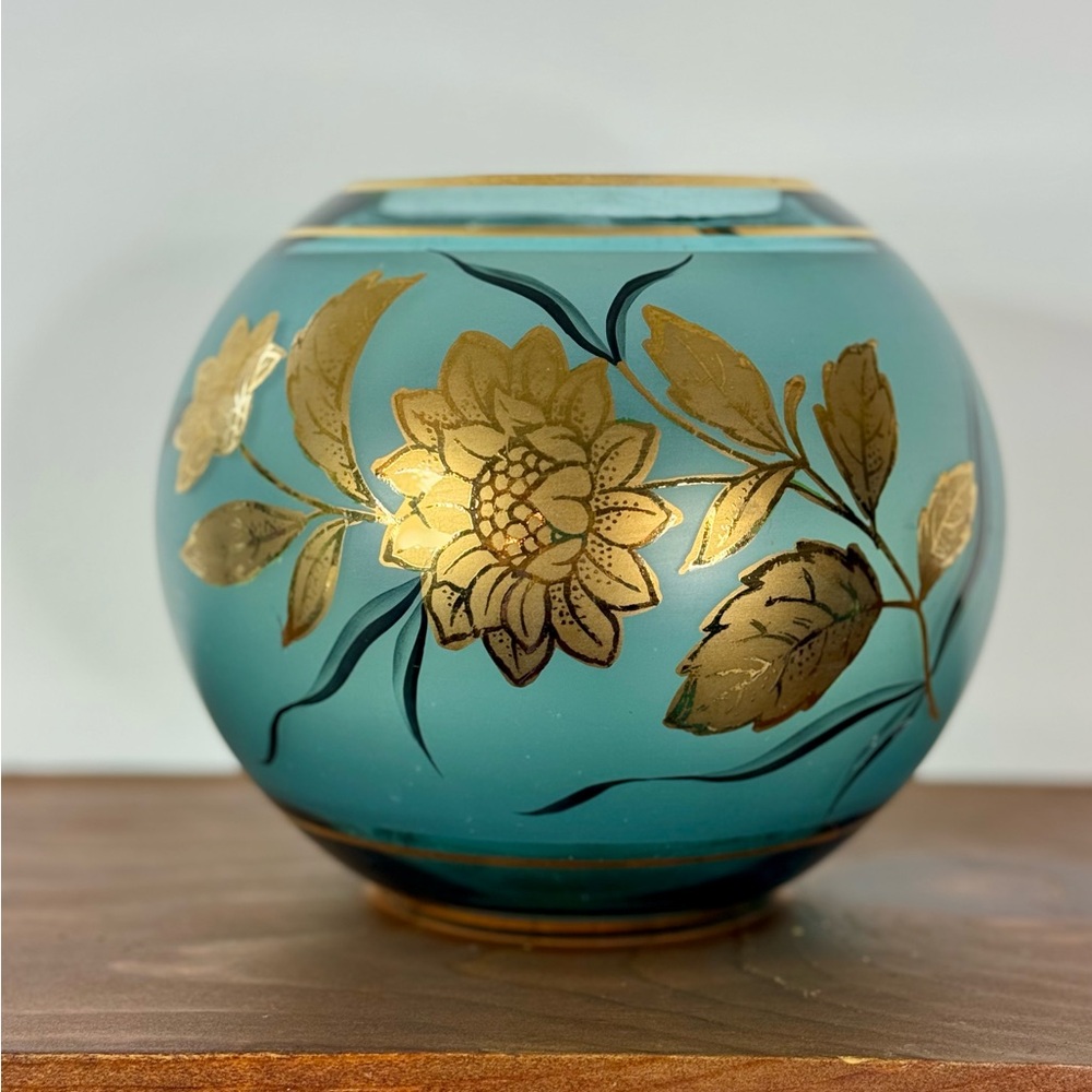 Bohemian Vintage Blue Czech Glass Fish Bowl Vase with 24K Gold Flowers